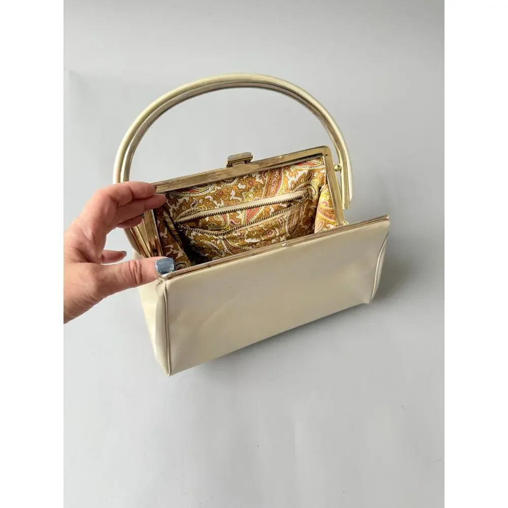 50s Structured Box Bag Cream Vinyl Gorgeous Hardware Handle Mid-Century Mad Men